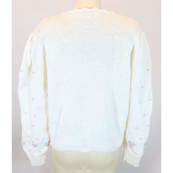 Vintage 3D Floral Rosette Cardigan Sweater M Pearl Button Cottage Fairy Grandma - Picture 3 of 10